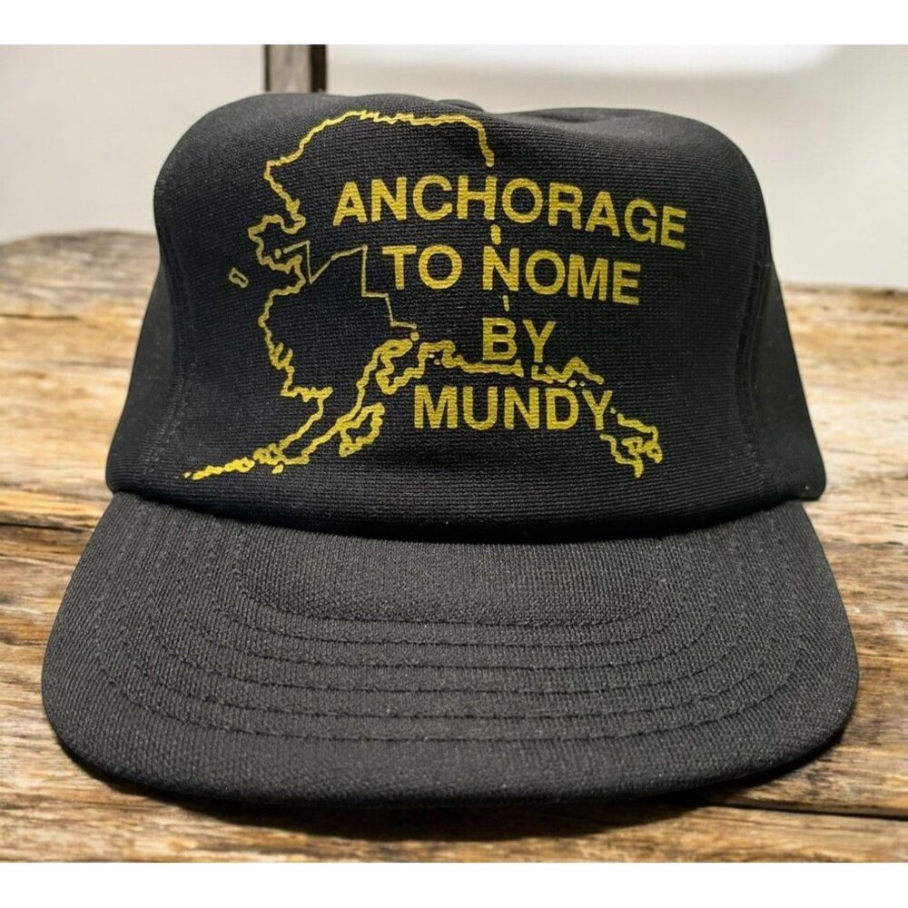 Anchorage To Nome By Mundy Snapback Hat Vintage Black Cap State Outline